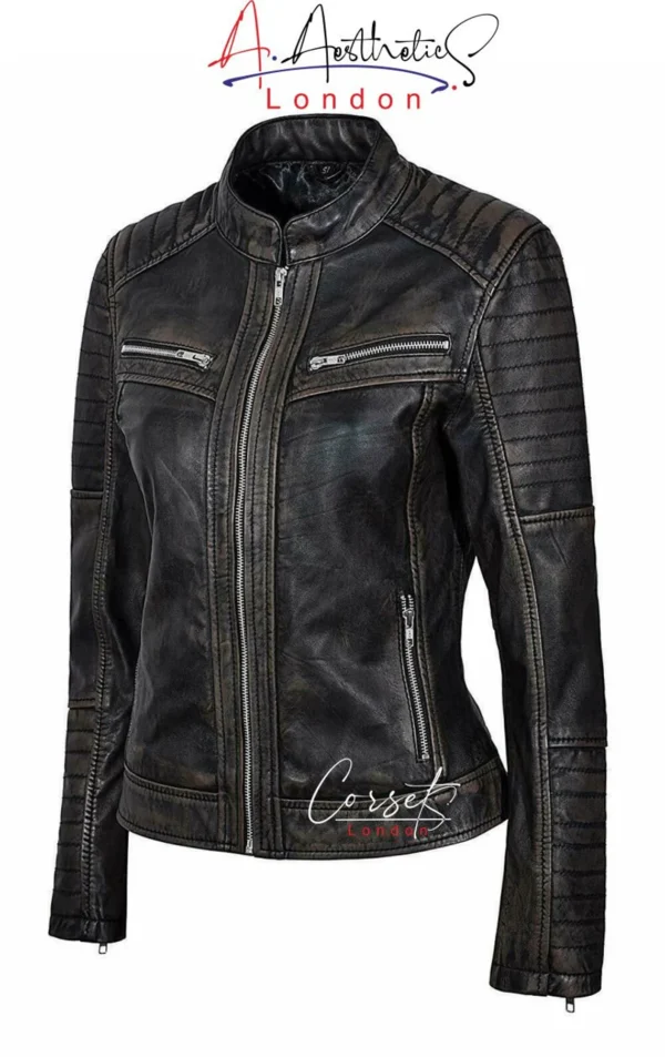 Women's Cafe Racer Moto Biker Distressed Black soft Sheep Leather Jacket