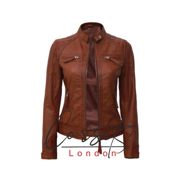 Women’s Brown Real Lambskin Leather Motorcycle Quilted Cafe Racer Leather Jacket